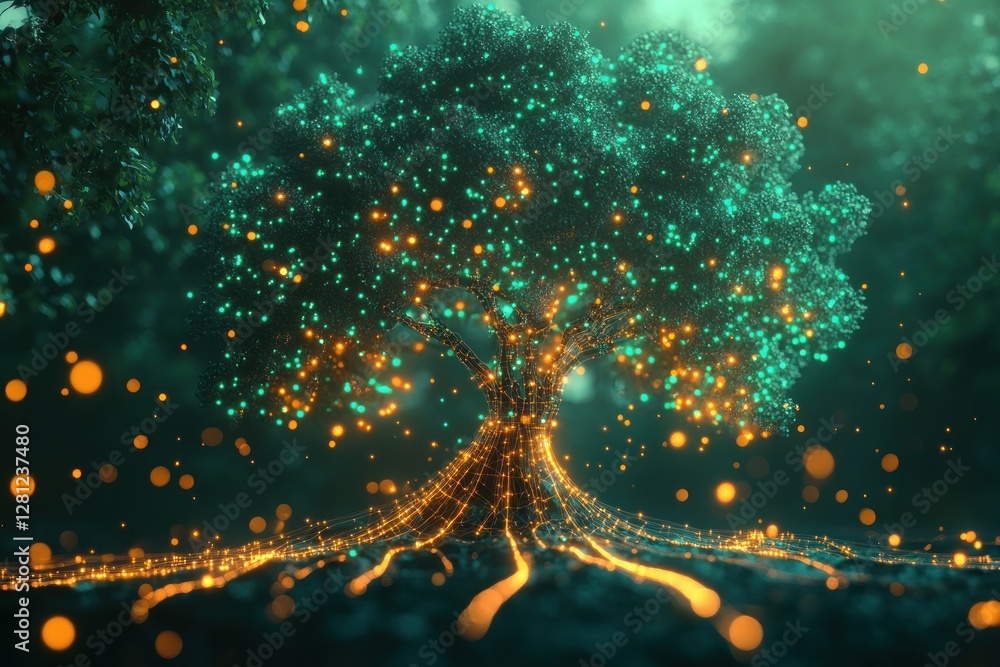 Poster illuminated tree with glowing lights in mystical forest setting during twilight hours