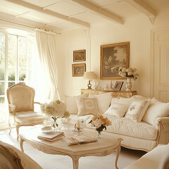 French provincial interiors blend rustic elegance with soft colors, antique furniture, natural materials, and ornate details.