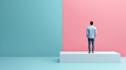 Obraz premium Man Standing on Platform with Colorful Background in Minimalist Style