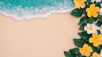 Tranquil Beach Scene with Frangipani Flowers and Gentle Waves
