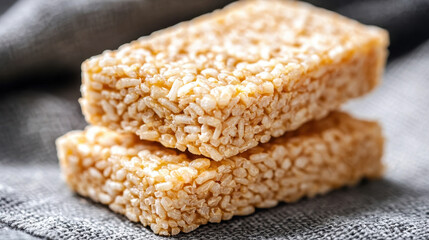 Crispy rice snack bars stacked on cloth surface