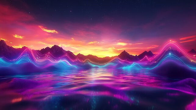Vibrant Neon Lightscape Over Serene Mountain Range