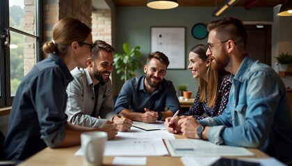 Group of coworkers collaborating around a desk, brainstorming ideas and working on a project, ideal for teamwork and productivity