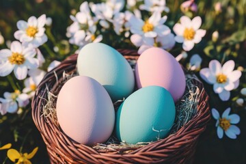 Obraz premium colorful easter setup with painted eggs in wicker basket surrounded by spring flowers in fresh bloom