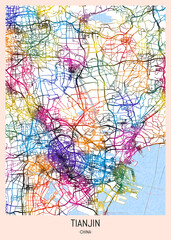 Tianjin China City Map, district banner, business modern landmark, neighborhood paint travel, hometown downtown design, destination landmark