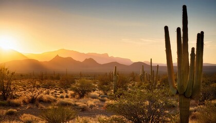 Expansive desert landscape with towering cacti, distant rugged mountains, and a vast, clear blue sky, capturing the serene beauty of the wilderness.
