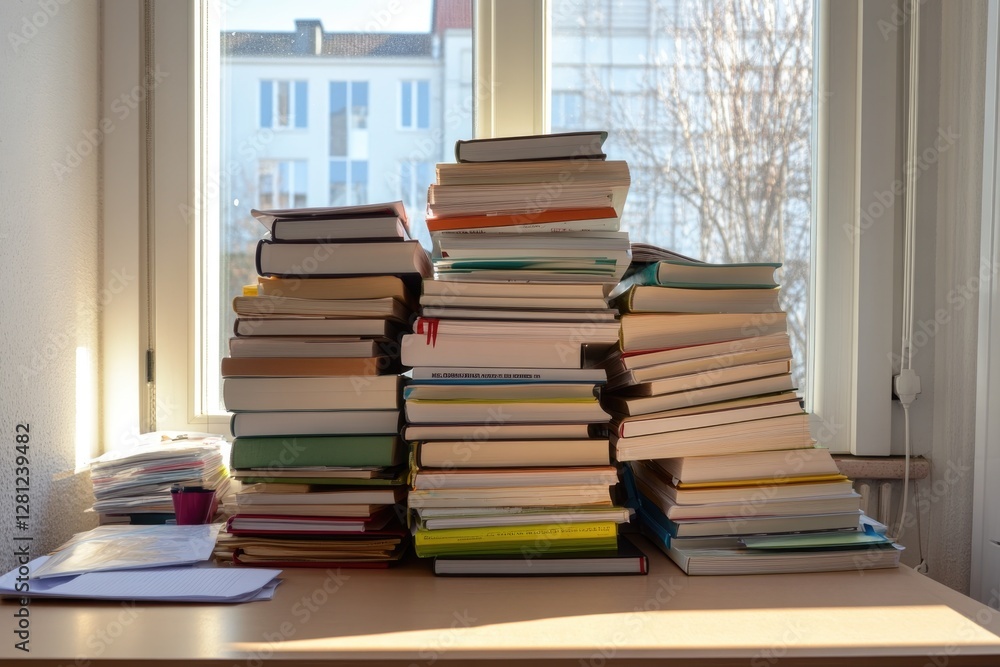 Poster desk bathed in natural light displaying closely arranged stack of varied books and study materials i