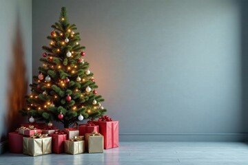 A Festive Christmas Tree with Illuminating Lights and Wrapped Presents in a Room
