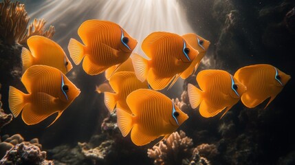 Coral reef school of orange fish, sunlight rays, underwater scene