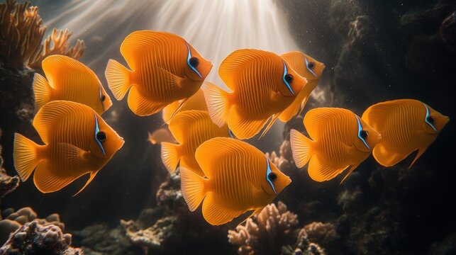 Coral reef school of orange fish, sunlight rays, underwater scene