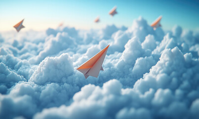 Naklejka premium A yellow paper airplane broke through the clouds