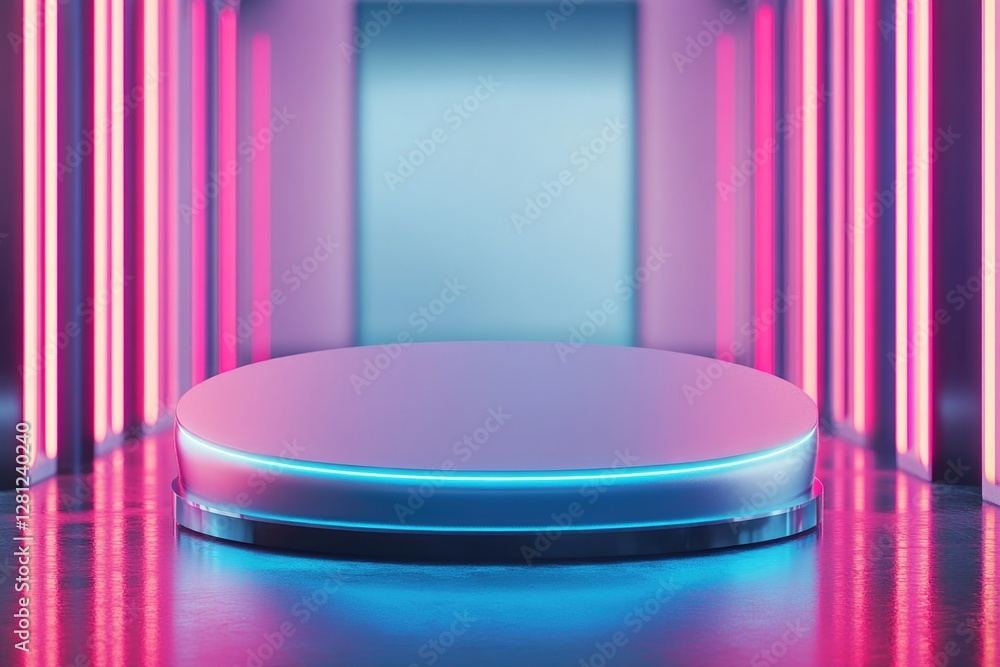Poster futuristic rounded podium with glossy textures and vibrant neon lighting positioned in high-tech set