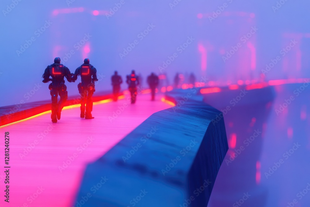 Poster futuristic skyline filled with diverse humanoid figures interacting in high-tech environment glowing