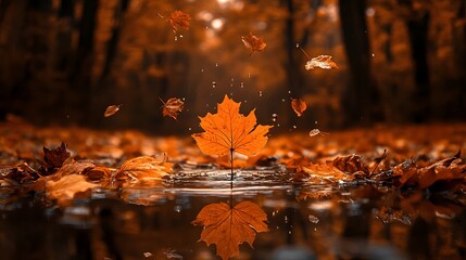 Autumn Leaf Floating in Puddle With Falling Leaves