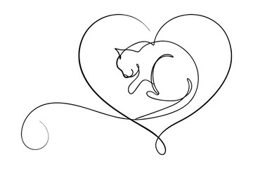 Sleeping Cat Curled Inside a Heart One Line Drawing Art