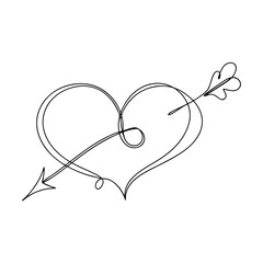 Single Line Drawing Heart Pierced by Cupids Arrow of Love