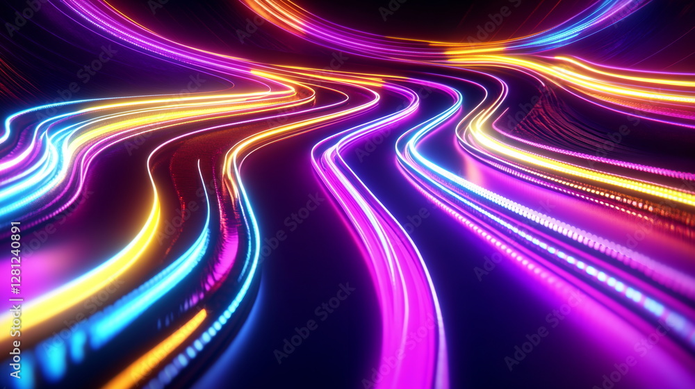 Poster abstract neon pathways. bright lines curving in various directions. dark background highlighting glo