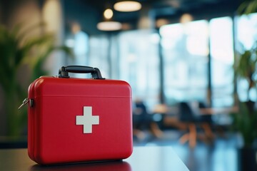 Red First Aid Kit on a Table in a Modern Office Environment with Soft Natural Light