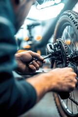 Fototapeta premium meticulous shot of bike brake adjustment process mechanic skilled hands working with precision background softly blurred