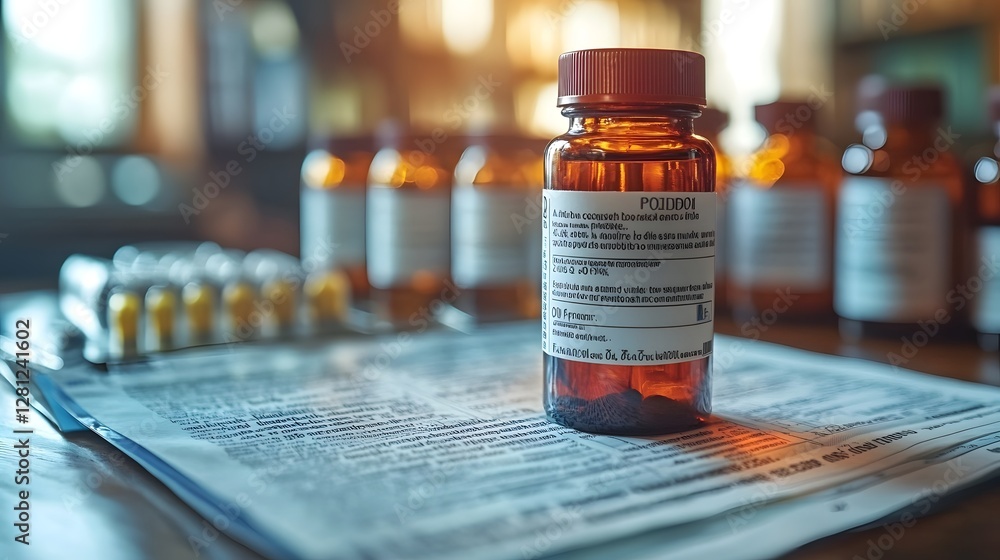 Poster close up view of a prescription medication bottle resting on a pharmaceutical document or form the b