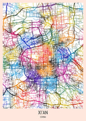 Xi'An China City Map, district banner, business modern landmark, neighborhood paint travel, hometown downtown design, destination landmark