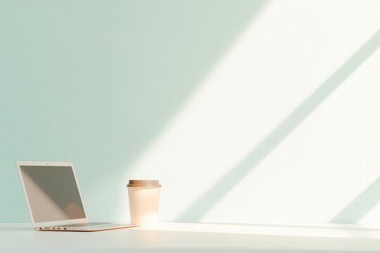 modern minimalist workspace featuring sleek laptop and stylish coffee cup on clean uncluttered desk bathed in natural