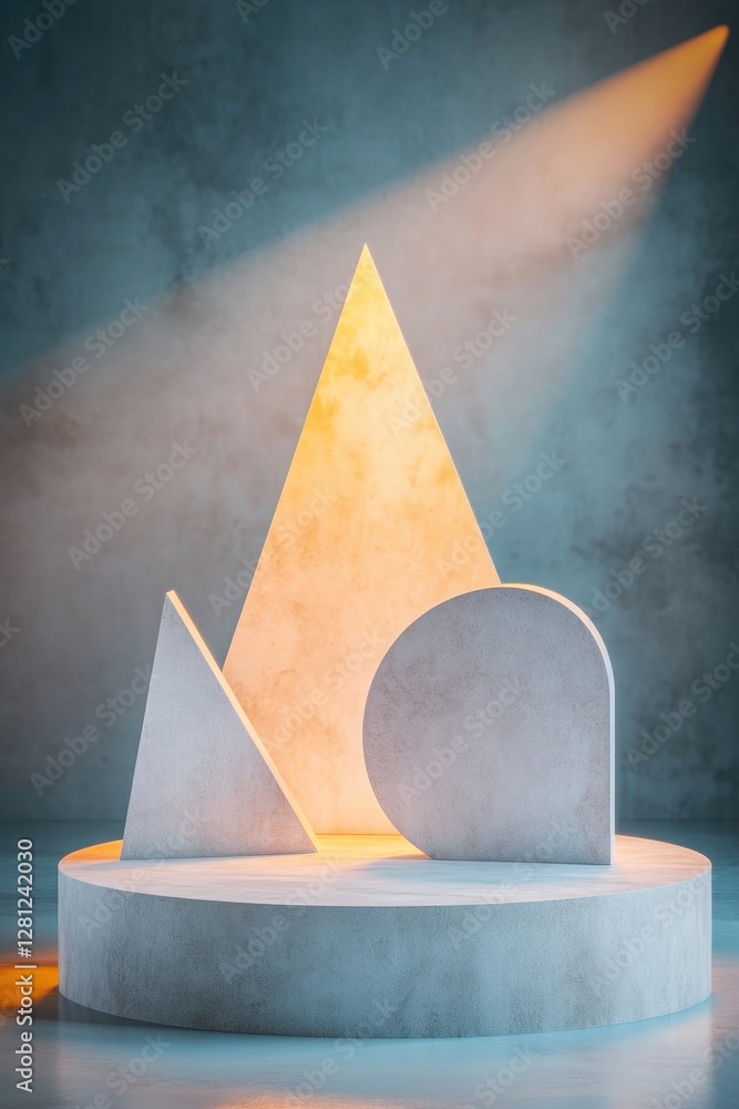 Poster modern podium made of geometric shapes including triangles and circles illuminated under dynamic lig