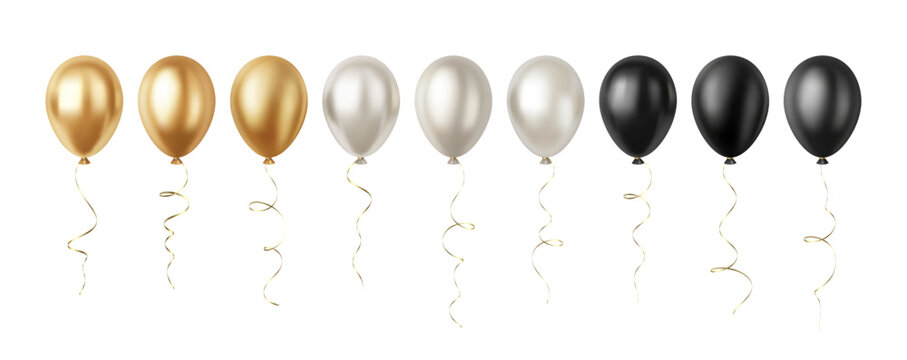 Set of Realistic 3D Silver Gold Black Party Event Balloons Isolated on White Background