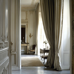 French provincial interiors blend rustic elegance with soft colors, antique furniture, natural materials, and ornate details.