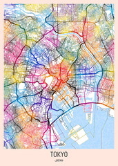 Tokyo Japan City Map, district banner, business modern landmark, neighborhood paint travel, hometown downtown design, destination landmark