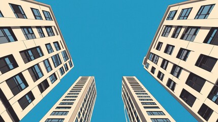 Modern Urban Buildings with Clear Sky View from Ground Perspective