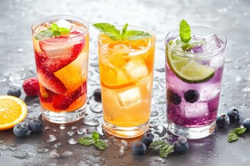 Fresh and Colorful Fruit-Infused Iced Beverages in Clear Glasses against a Gray Background