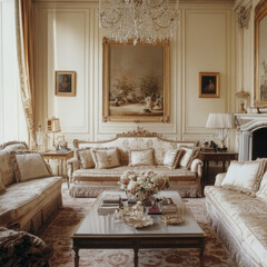 French provincial interiors blend rustic elegance with soft colors, antique furniture, natural materials, and ornate details.