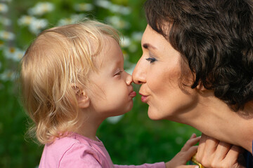 Mother and child rub noses. A funny little girl kisses her mother on the lips. Close-up of cheerful mother and baby nose to nose in profile against chamomile background. Happy motherhood concept.