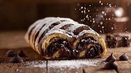 Closeup of a freshly baked chocolate braided babka loaf sitting on a rustic wooden surface dusted with a light coating of powdered sugar  The rich swirled pastry is a tempting homemade treat