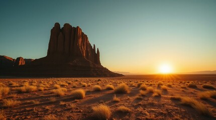 Stunning photo of Shiprock, a towering volcanic rock formation in the desert. A majestic landmark with dramatic landscapes.