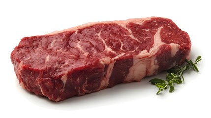 Fototapeta premium Closeup of a juicy tender raw beef steak with fresh green herbs on a plain white background This piece of meat is ready to be prepared and cooked into a delicious protein rich meal or dish