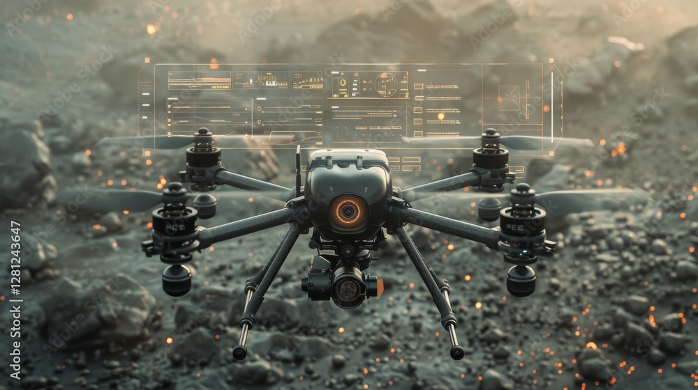 Poster A drone hovers above a rugged landscape, showcasing its advanced capabilities through a transparent digital interface filled with real time data analytics and visual information.
