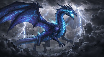 Dragon Enveloped by Storm with Electric Power in Sky