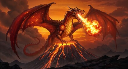 Fiery Red Dragon Breathing Fire on Volcano
