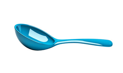 Bright blue soup spoon on a white background.