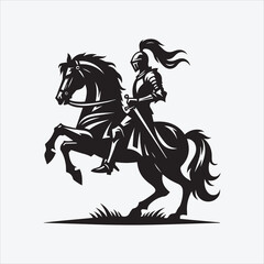 Obraz premium Knight with Horse Silhouette in Black and White for Medieval and Warrior-Themed Designs