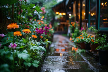Obraz premium Cozy garden pathway with vibrant flowers in warm evening light, wet pavement reflecting soft glowing lights, perfect for romantic and nature-inspired themes