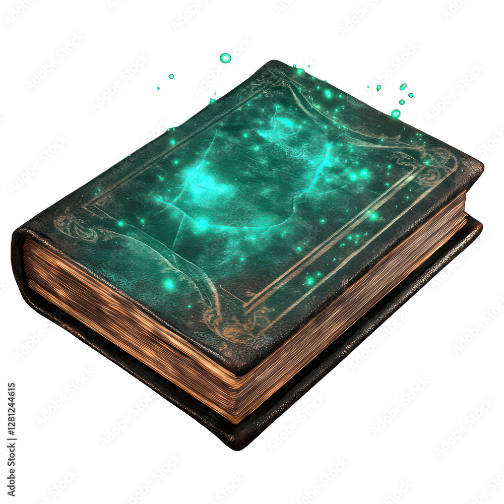 Poster floating and glowing dark sorcery book isolated on transparent background