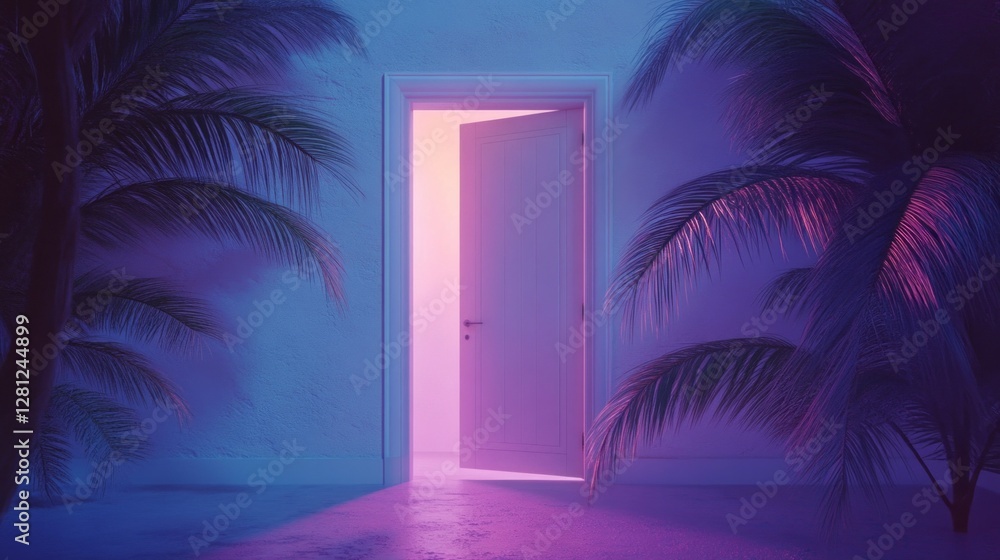 Poster Interplay of colors dances around an open door framed by lush palm leaves, creating an enchanting atmosphere filled with mystery and tranquility, beckoning the curious to step inside and discover