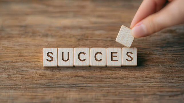 Scrabble tiles spelling SUCCESS on wooden board with hand placing final tile