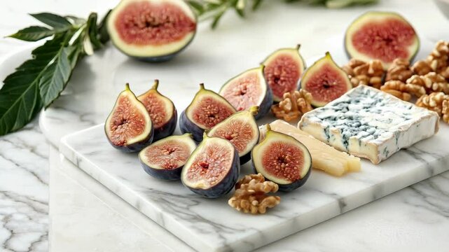 Fresh figs, blue cheese, and walnuts elegantly arranged on a marble board