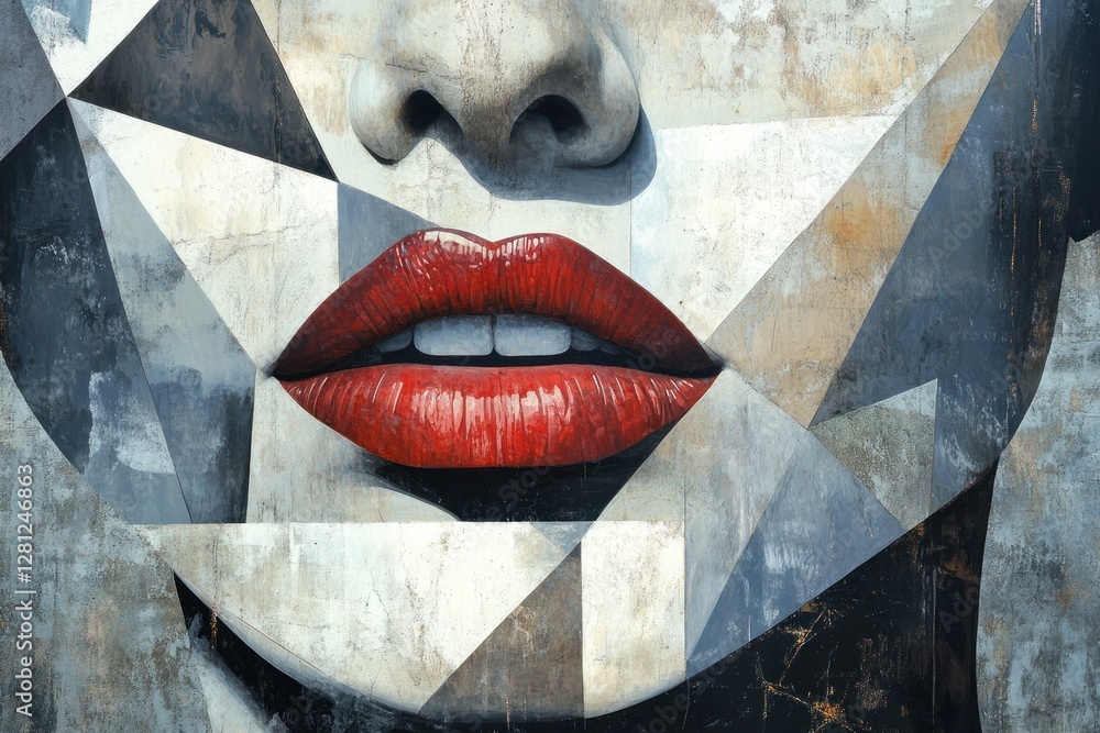 Poster abstract geometric art with red lips on a textured background featuring modern artistic expression