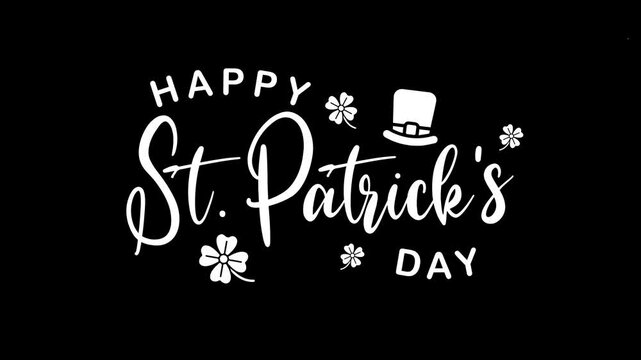 Happy St. Patricks Day text animation with green shamrock and leprechaun hat. Perfect for greeting cards, social media posts, and decorations.