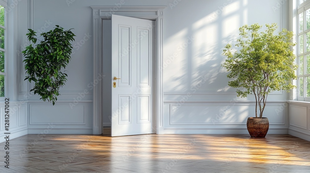 Poster sunlight streams in through an open door, casting soft shadows on polished wooden floors. a lush pla